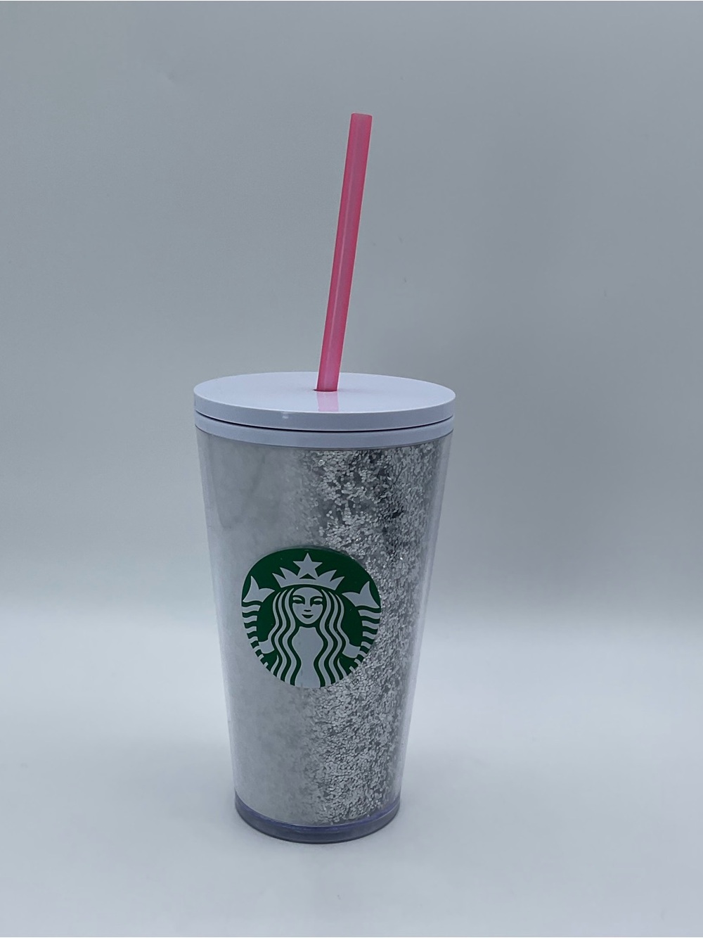 Starbucks 16oz Silver Glitter Cold Cup Tumbler Pink Straw Clear Reusable